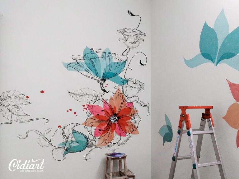 Vẽ tranh tường phòng ngủ với mẫu hoa đơn giản 5