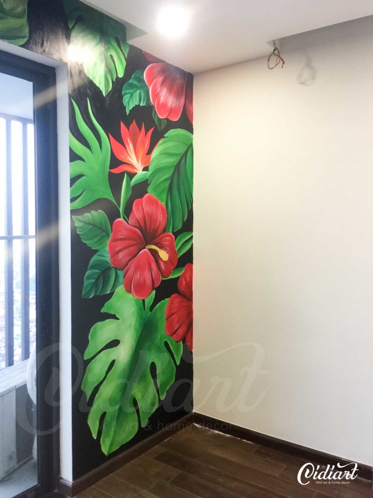 Vẽ Tranh Tường Phòng Khách – Tropical Floral