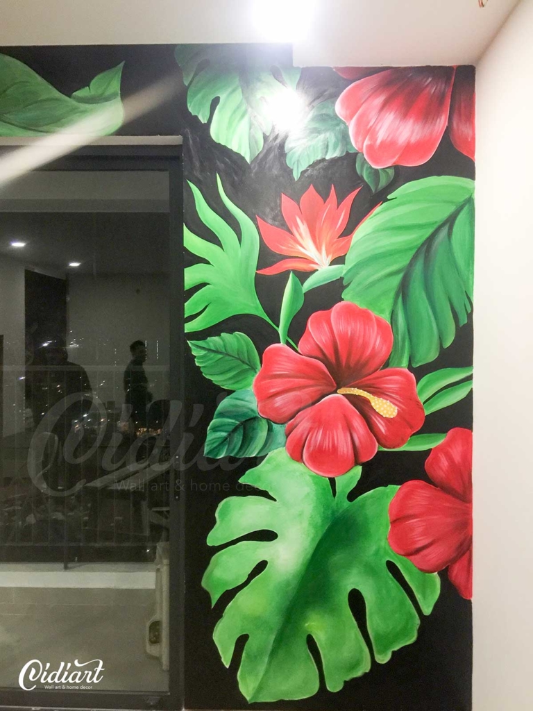 Vẽ Tranh Tường Phòng Khách – Tropical Floral