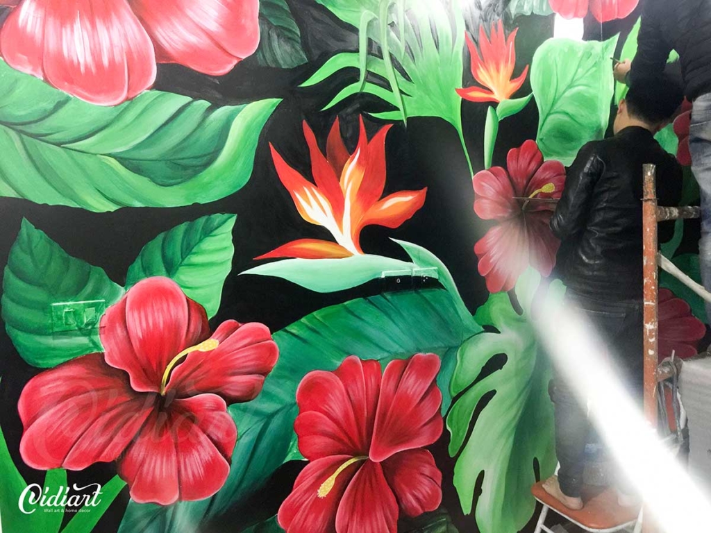 Vẽ Tranh Tường Phòng Khách – Tropical Floral