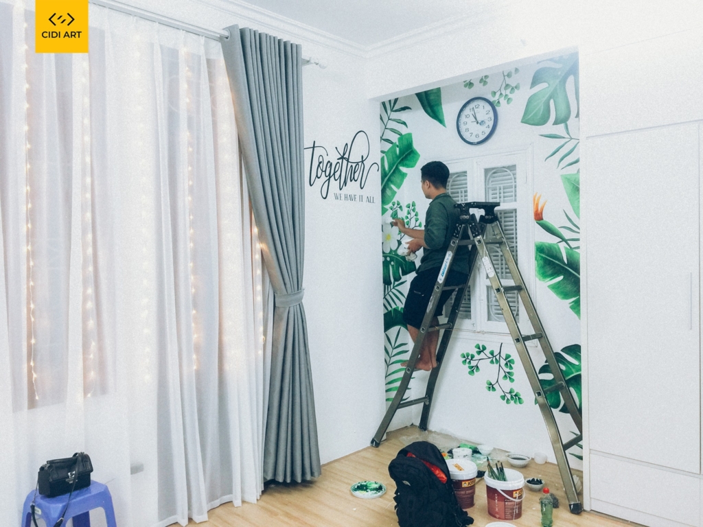 Vẽ tranh tường phòng ngủ đơn giản cho phòng cưới